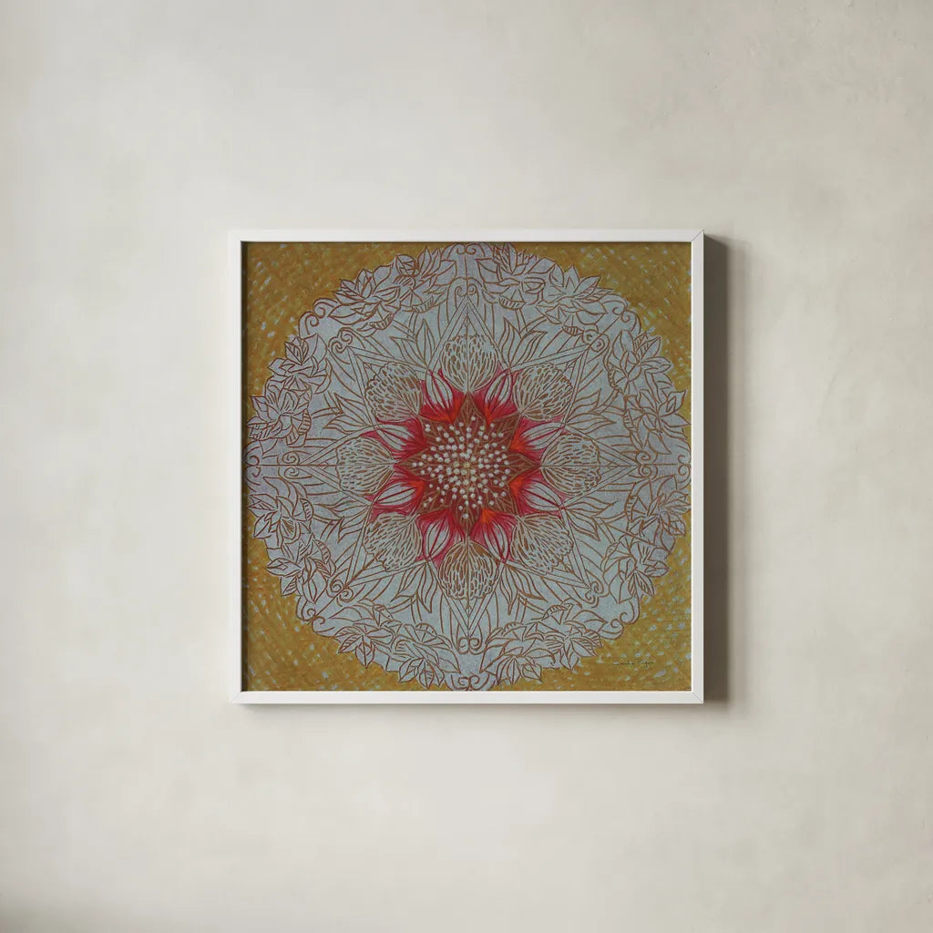 Starshine Mandala III by Candra Boggs. Shown in a crisp white glass frame for a clean and minimalist style. Available as an archival giclee rolled canvas, fine art paper, or poster print. SKU 88492a.