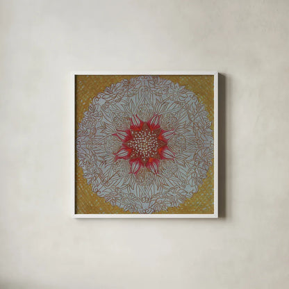 Starshine Mandala III by Candra Boggs. Shown in a crisp white glass frame for a clean and minimalist style. Available as an archival giclee rolled canvas, fine art paper, or poster print. SKU 88492a.