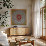 Starshine Mandala III by Candra Boggs. Shown in a natural wood frame in a cozy modern living room. Available as an archival giclee rolled canvas, fine art paper, or poster print. SKU 88492a.