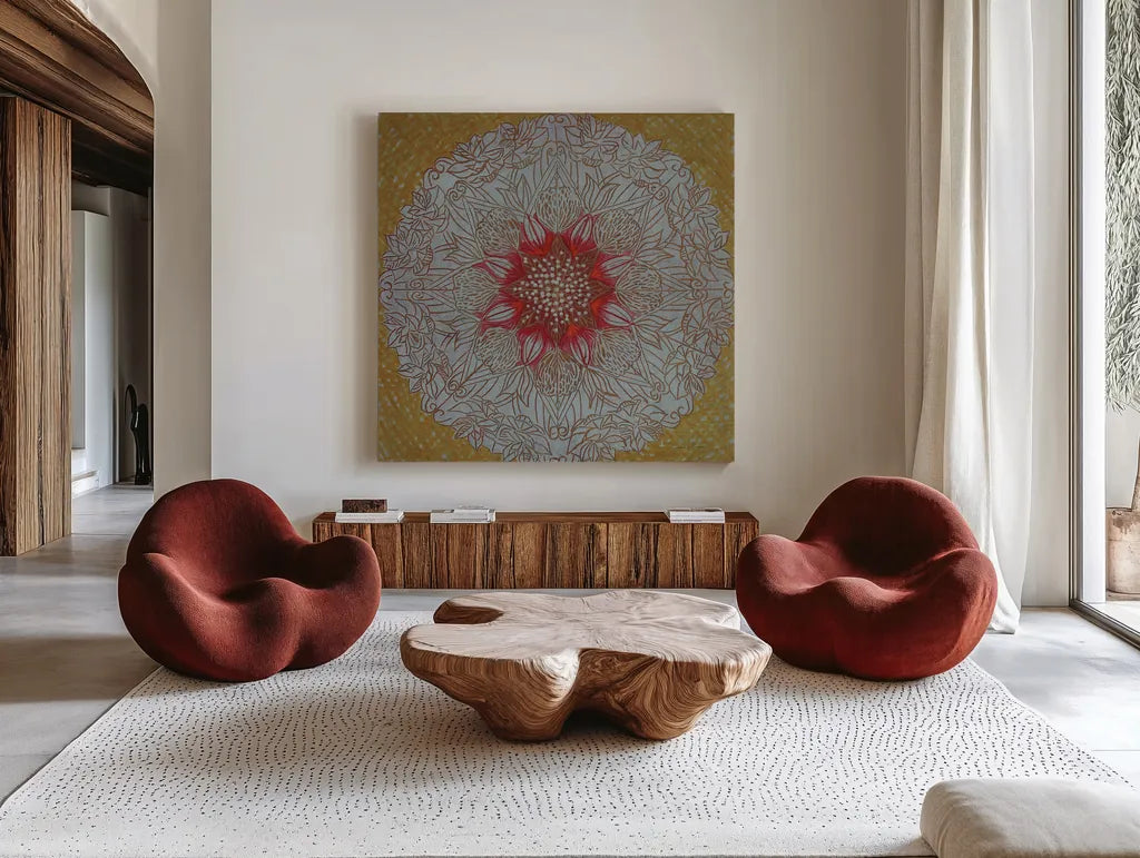 Starshine Mandala III by Candra Boggs. Shown as extra-large giant wall art in a modern living room. Available as an archival giclee rolled canvas, fine art paper, or poster print. SKU 88492a.