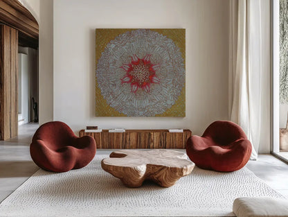 Starshine Mandala III by Candra Boggs. Shown as extra-large giant wall art in a modern living room. Available as an archival giclee rolled canvas, fine art paper, or poster print. SKU 88492a.
