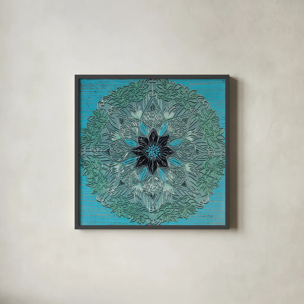 Starshine Mandala IV by Candra Boggs. Shown in a sleek black glass frame for a contemporary gallery look. Available as an archival giclee rolled canvas, fine art paper, or poster print. SKU 88493a.