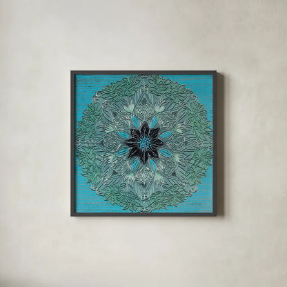 Starshine Mandala IV by Candra Boggs. Shown in a sleek black glass frame for a contemporary gallery look. Available as an archival giclee rolled canvas, fine art paper, or poster print. SKU 88493a.
