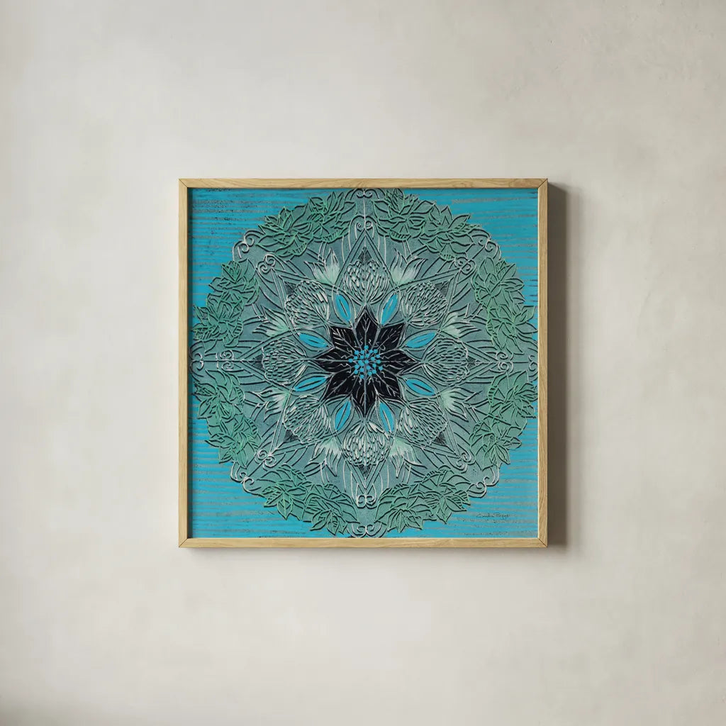 Starshine Mandala IV by Candra Boggs. Shown in a natural wood glass frame for a timeless modern aesthetic. Available as an archival giclee rolled canvas, fine art paper, or poster print. SKU 88493a.