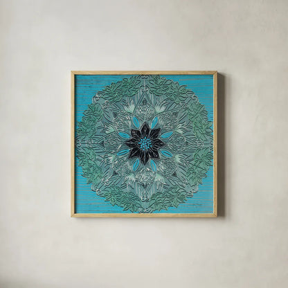 Starshine Mandala IV by Candra Boggs. Shown in a natural wood glass frame for a timeless modern aesthetic. Available as an archival giclee rolled canvas, fine art paper, or poster print. SKU 88493a.