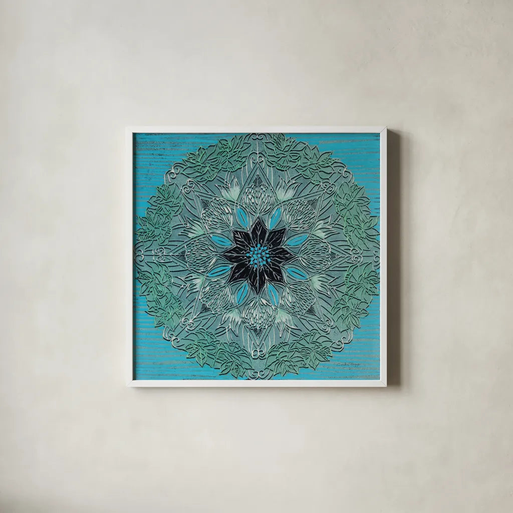 Starshine Mandala IV by Candra Boggs. Shown in a crisp white glass frame for a clean and minimalist style. Available as an archival giclee rolled canvas, fine art paper, or poster print. SKU 88493a.