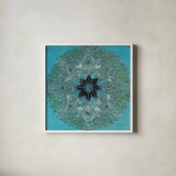 Starshine Mandala IV by Candra Boggs. Shown in a crisp white glass frame for a clean and minimalist style. Available as an archival giclee rolled canvas, fine art paper, or poster print. SKU 88493a.