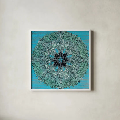 Starshine Mandala IV by Candra Boggs. Shown in a crisp white glass frame for a clean and minimalist style. Available as an archival giclee rolled canvas, fine art paper, or poster print. SKU 88493a.