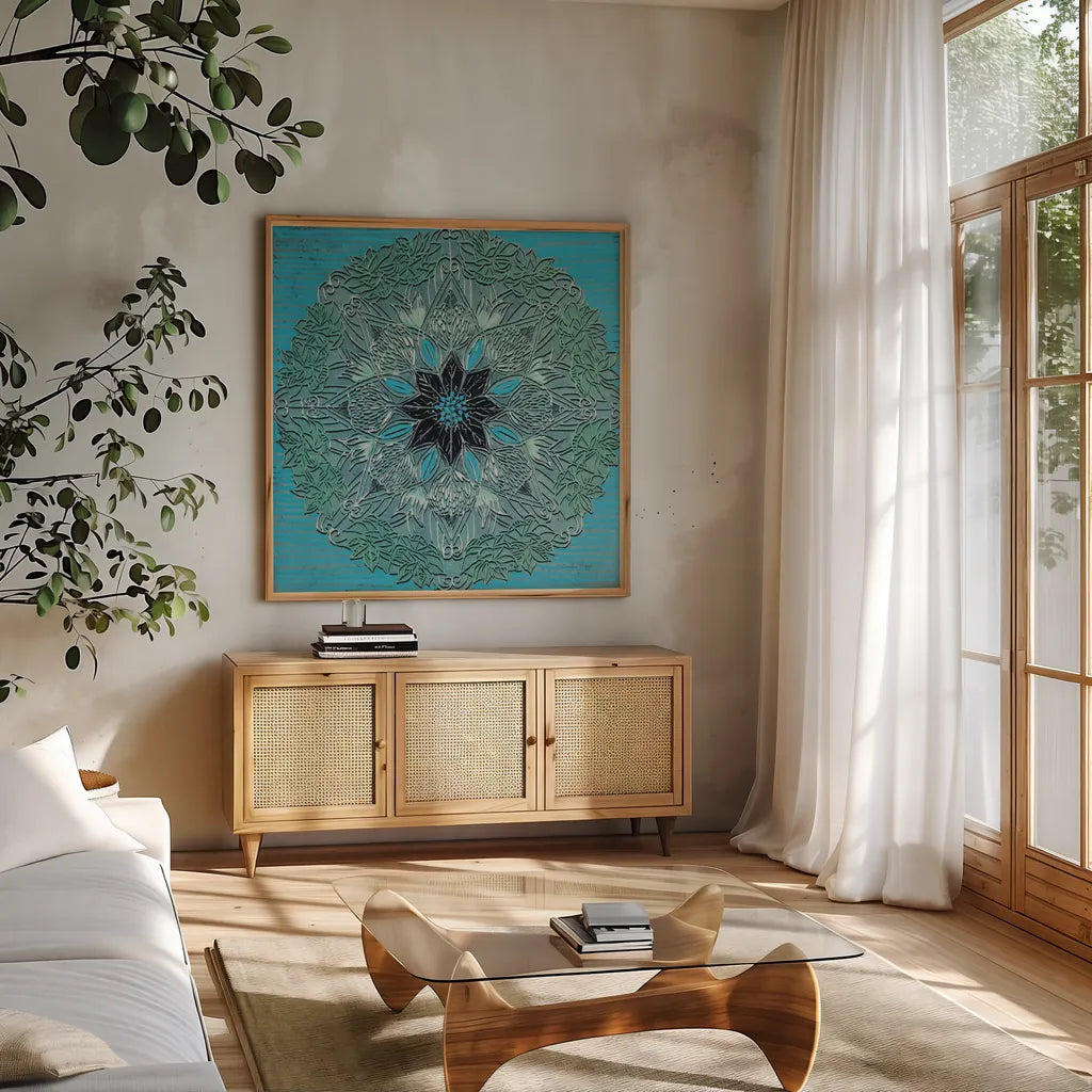 Starshine Mandala IV by Candra Boggs. Shown in a natural wood frame in a cozy modern living room. Available as an archival giclee rolled canvas, fine art paper, or poster print. SKU 88493a.