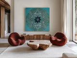 Starshine Mandala IV by Candra Boggs. Shown as extra-large giant wall art in a modern living room. Available as an archival giclee rolled canvas, fine art paper, or poster print. SKU 88493a.
