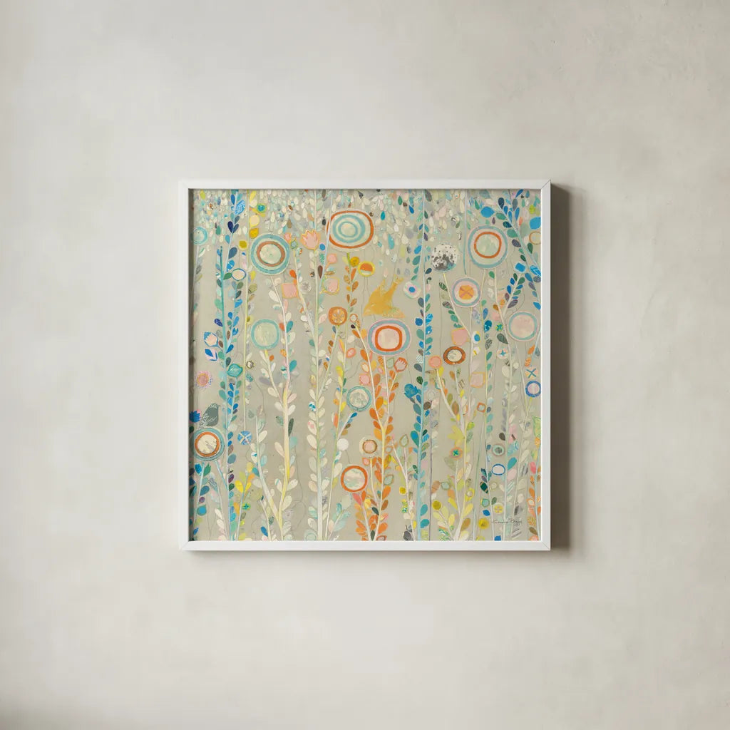 Under the Rain by Candra Boggs. Shown in a crisp white glass frame for a clean and minimalist style. Available as an archival giclee rolled canvas, fine art paper, or poster print. SKU 19597a.