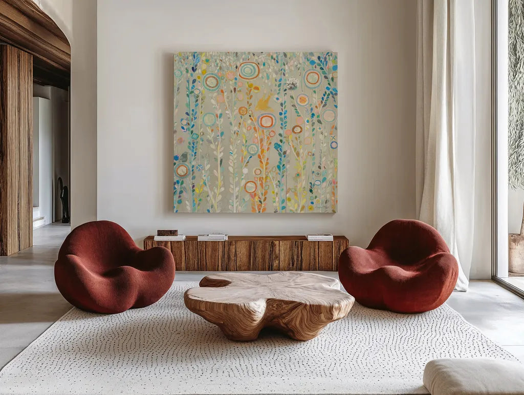 Under the Rain by Candra Boggs. Shown as extra-large giant wall art in a modern living room. Available as an archival giclee rolled canvas, fine art paper, or poster print. SKU 19597a.