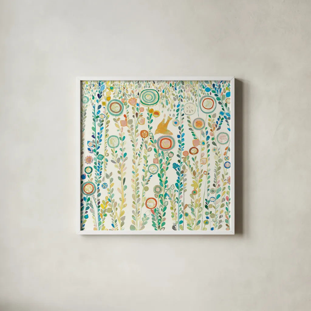 Under the Rain White by Candra Boggs. Shown in a crisp white glass frame for a clean and minimalist style. Available as an archival giclee rolled canvas, fine art paper, or poster print. SKU 89910a.