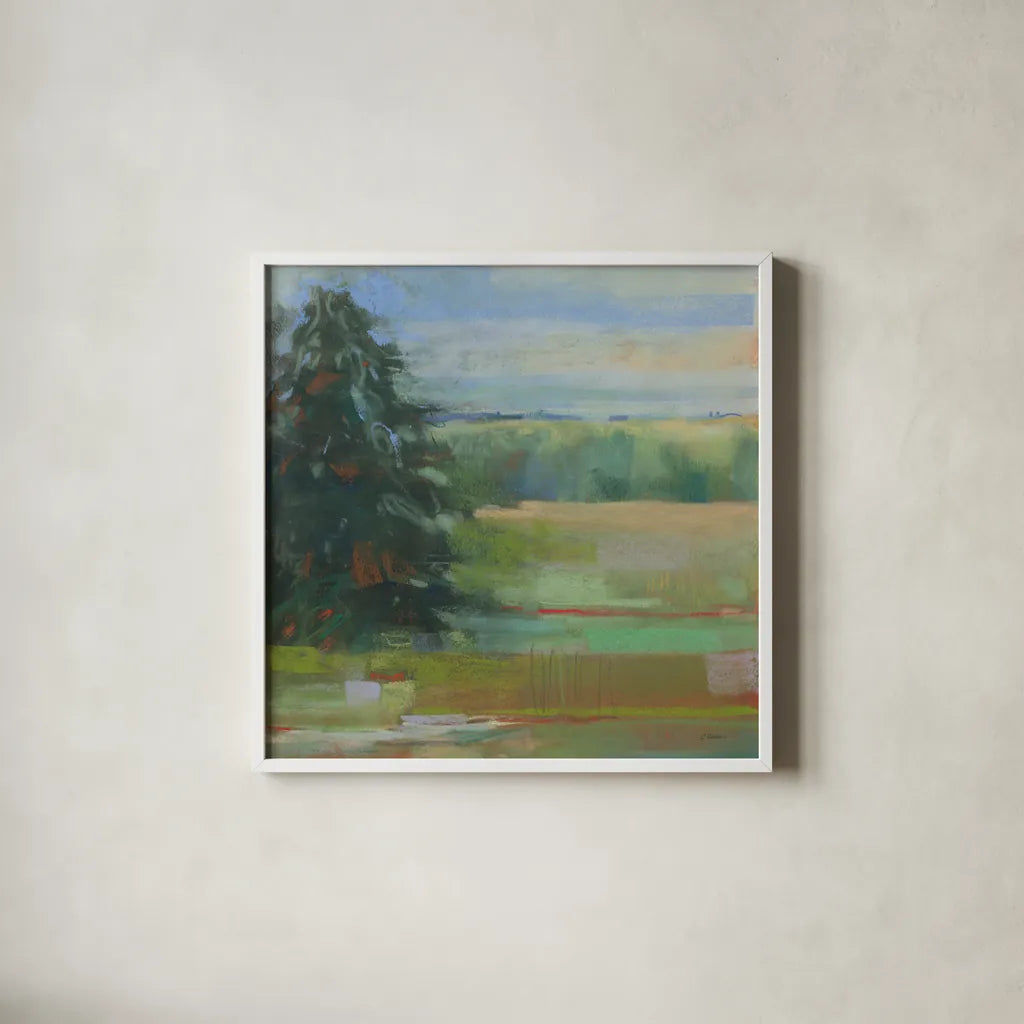 Abstract Field I by Carol Rowan. Shown in a crisp white glass frame for a clean and minimalist style. Available as an archival giclee rolled canvas, fine art paper, or poster print. SKU 21446a.