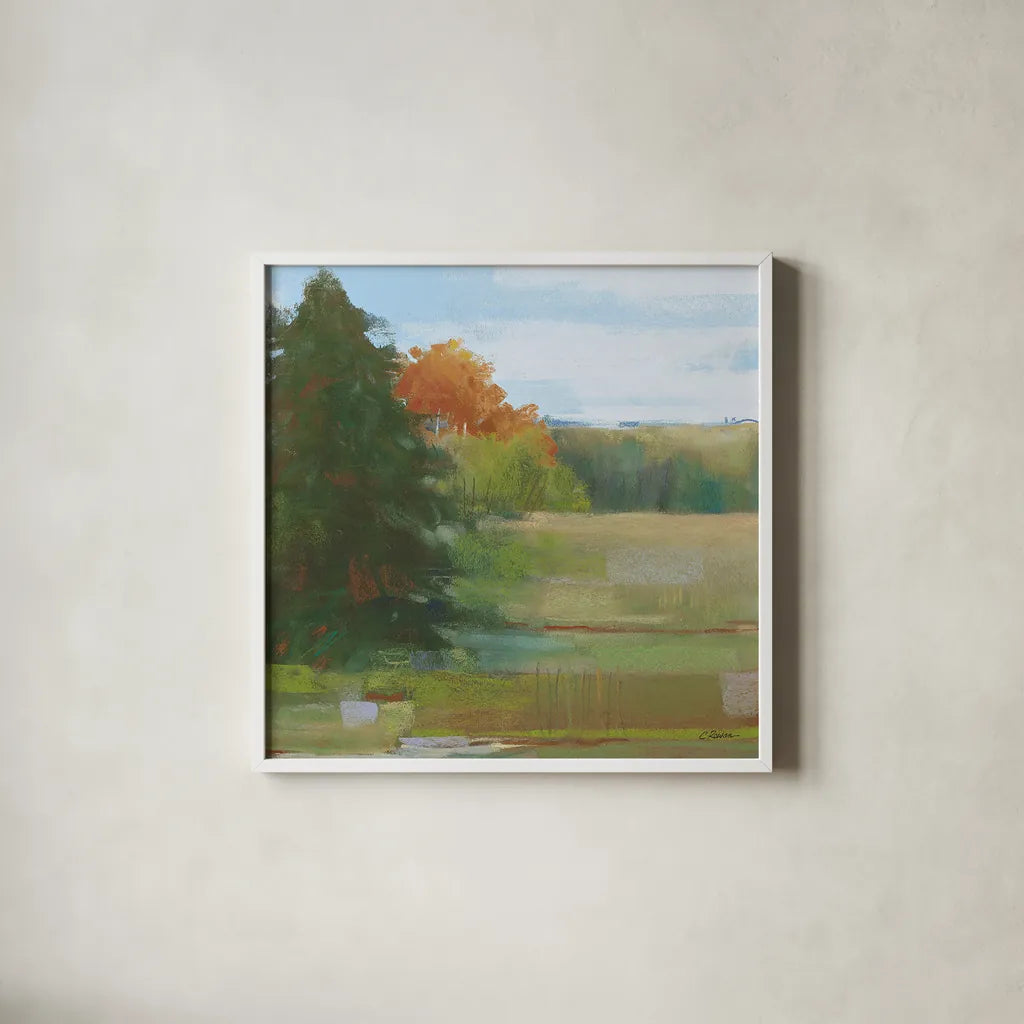 Abstract Field I Bright Blue Sky by Carol Rowan. Shown in a crisp white glass frame for a clean and minimalist style. Available as an archival giclee rolled canvas, fine art paper, or poster print. SKU 42305a.