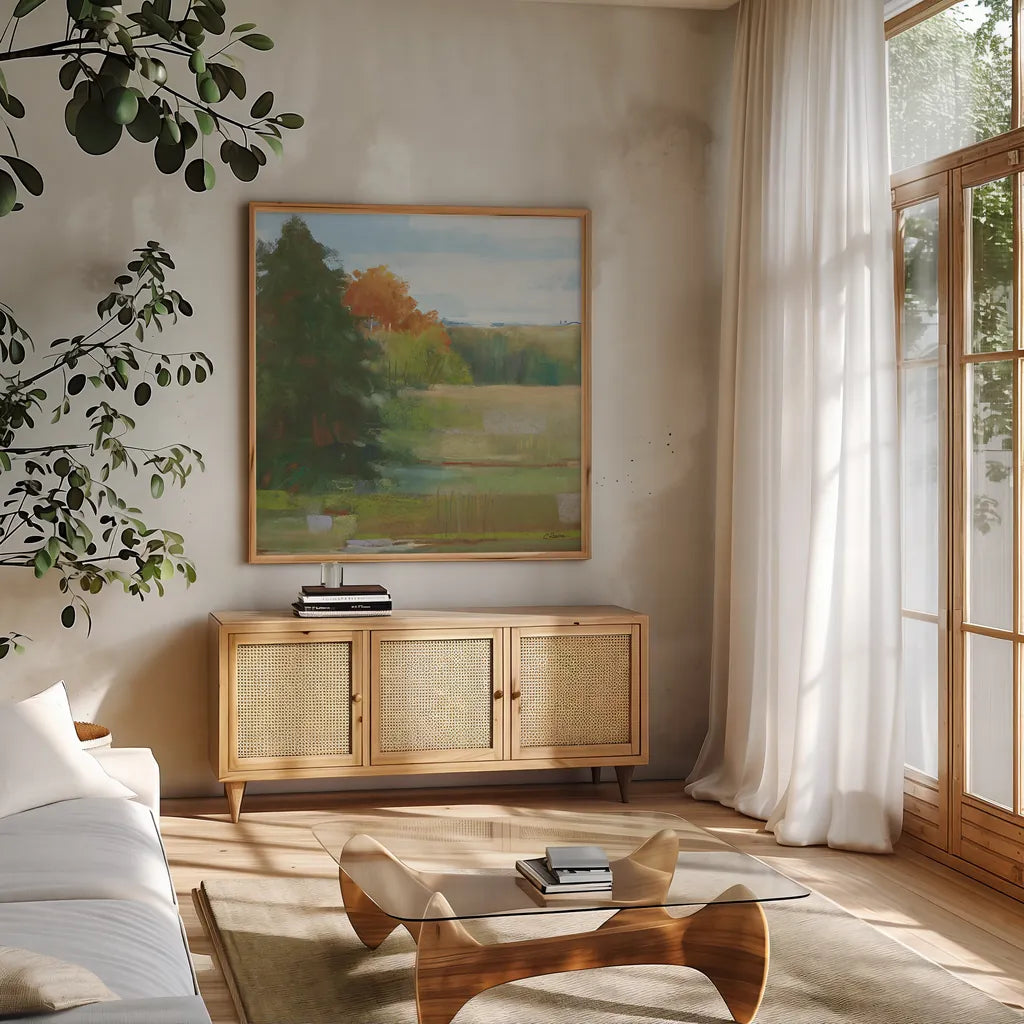 Abstract Field I Bright Blue Sky by Carol Rowan. Shown in a natural wood frame in a cozy modern living room. Available as an archival giclee rolled canvas, fine art paper, or poster print. SKU 42305a.