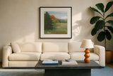 Abstract Field I Bright Blue Sky by Carol Rowan. Displayed in a glass frame with matte in a clean modern living room. Available as an archival giclee rolled canvas, fine art paper, or poster print. SKU 42305a.
