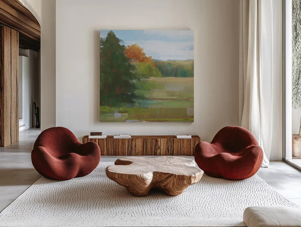 Abstract Field I Bright Blue Sky by Carol Rowan. Shown as extra-large giant wall art in a modern living room. Available as an archival giclee rolled canvas, fine art paper, or poster print. SKU 42305a.