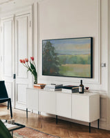 Abstract Field I Crop by Carol Rowan. shown as a framed stretched canvas in a living room above a console. Available as a archival giclee rolled canvas, fine art paper, or poster print. SKU 21446i.