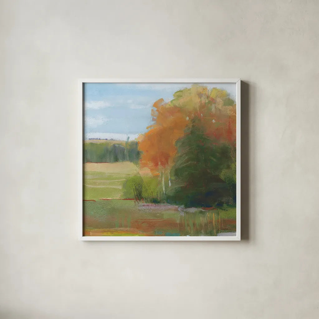 Abstract Field II  Bright Blue Sky by Carol Rowan. Shown in a crisp white glass frame for a clean and minimalist style. Available as an archival giclee rolled canvas, fine art paper, or poster print. SKU 42304a.