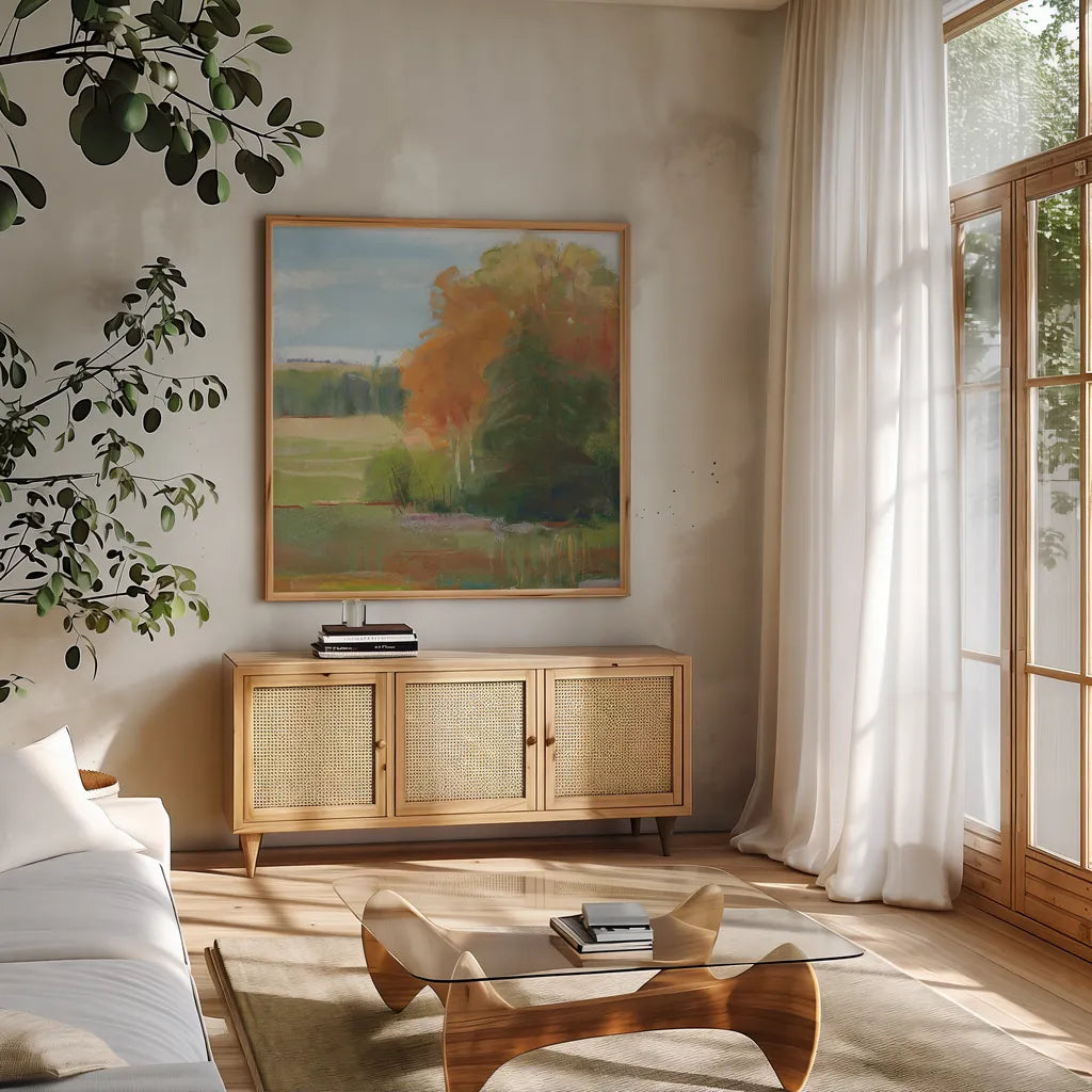 Abstract Field II  Bright Blue Sky by Carol Rowan. Shown in a natural wood frame in a cozy modern living room. Available as an archival giclee rolled canvas, fine art paper, or poster print. SKU 42304a.