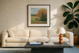 Abstract Field II  Bright Blue Sky by Carol Rowan. Displayed in a glass frame with matte in a clean modern living room. Available as an archival giclee rolled canvas, fine art paper, or poster print. SKU 42304a.