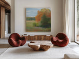 Abstract Field II  Bright Blue Sky by Carol Rowan. Shown as extra-large giant wall art in a modern living room. Available as an archival giclee rolled canvas, fine art paper, or poster print. SKU 42304a.