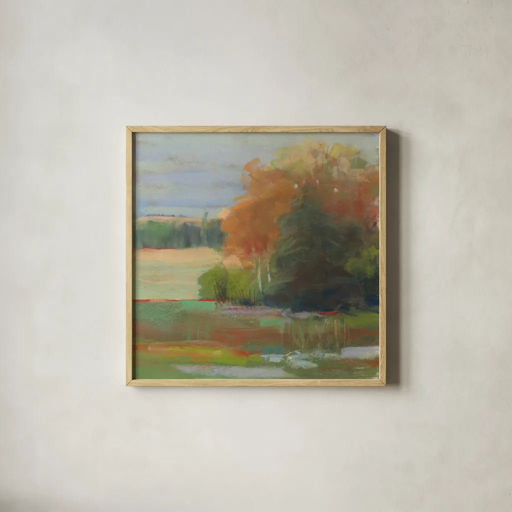 Abstract Field II by Carol Rowan. Shown in a natural wood glass frame for a timeless modern aesthetic. Available as an archival giclee rolled canvas, fine art paper, or poster print. SKU 21447a.