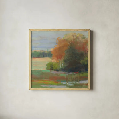 Abstract Field II by Carol Rowan. Shown in a natural wood glass frame for a timeless modern aesthetic. Available as an archival giclee rolled canvas, fine art paper, or poster print. SKU 21447a.