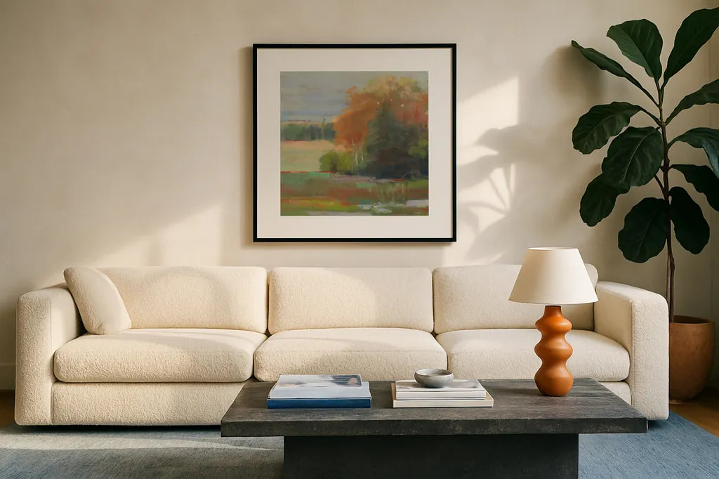 Abstract Field II by Carol Rowan. Displayed in a glass frame with matte in a clean modern living room. Available as an archival giclee rolled canvas, fine art paper, or poster print. SKU 21447a.