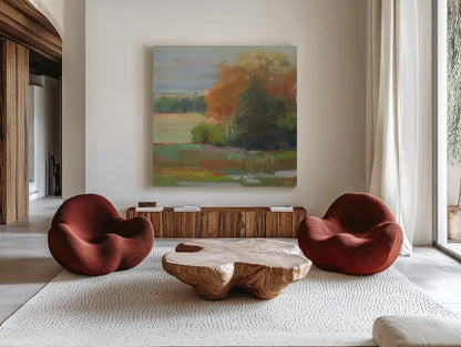 Abstract Field II by Carol Rowan. Shown as extra-large giant wall art in a modern living room. Available as an archival giclee rolled canvas, fine art paper, or poster print. SKU 21447a.