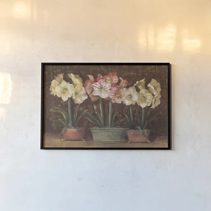 Amaryllis on Brown by Carol Rowan. shown as a paper print in a black flame. Available as a archival giclee rolled canvas, fine art paper, or poster print. SKU 7856i.