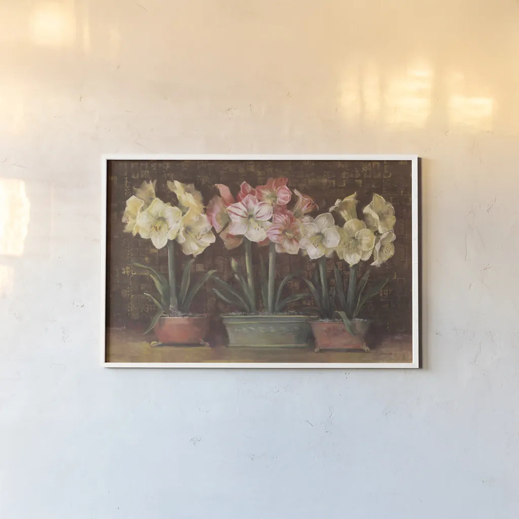 Amaryllis on Brown by Carol Rowan. shown as a paper print in a white frame. Available as a archival giclee rolled canvas, fine art paper, or poster print. SKU 7856i.
