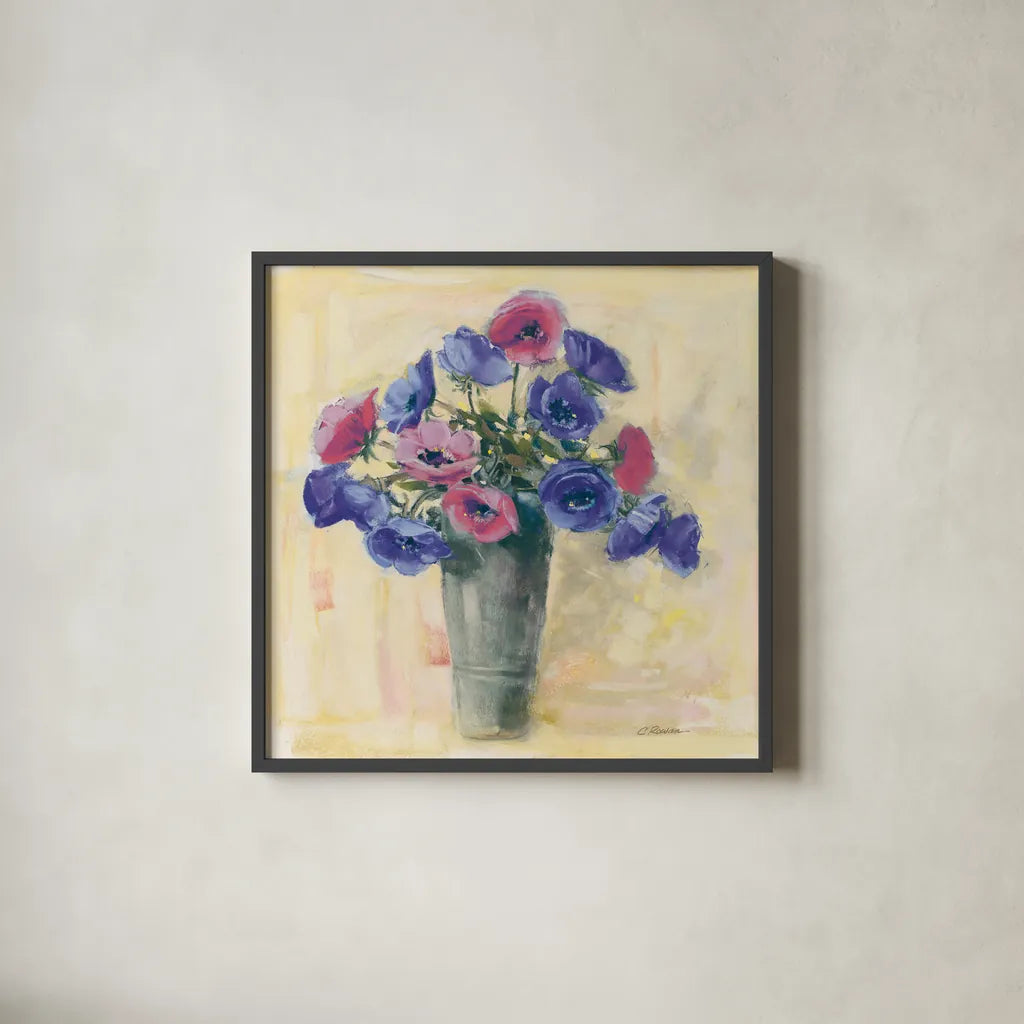 Anemones I by Carol Rowan. Shown in a sleek black glass frame for a contemporary gallery look. Available as an archival giclee rolled canvas, fine art paper, or poster print. SKU 42416a.