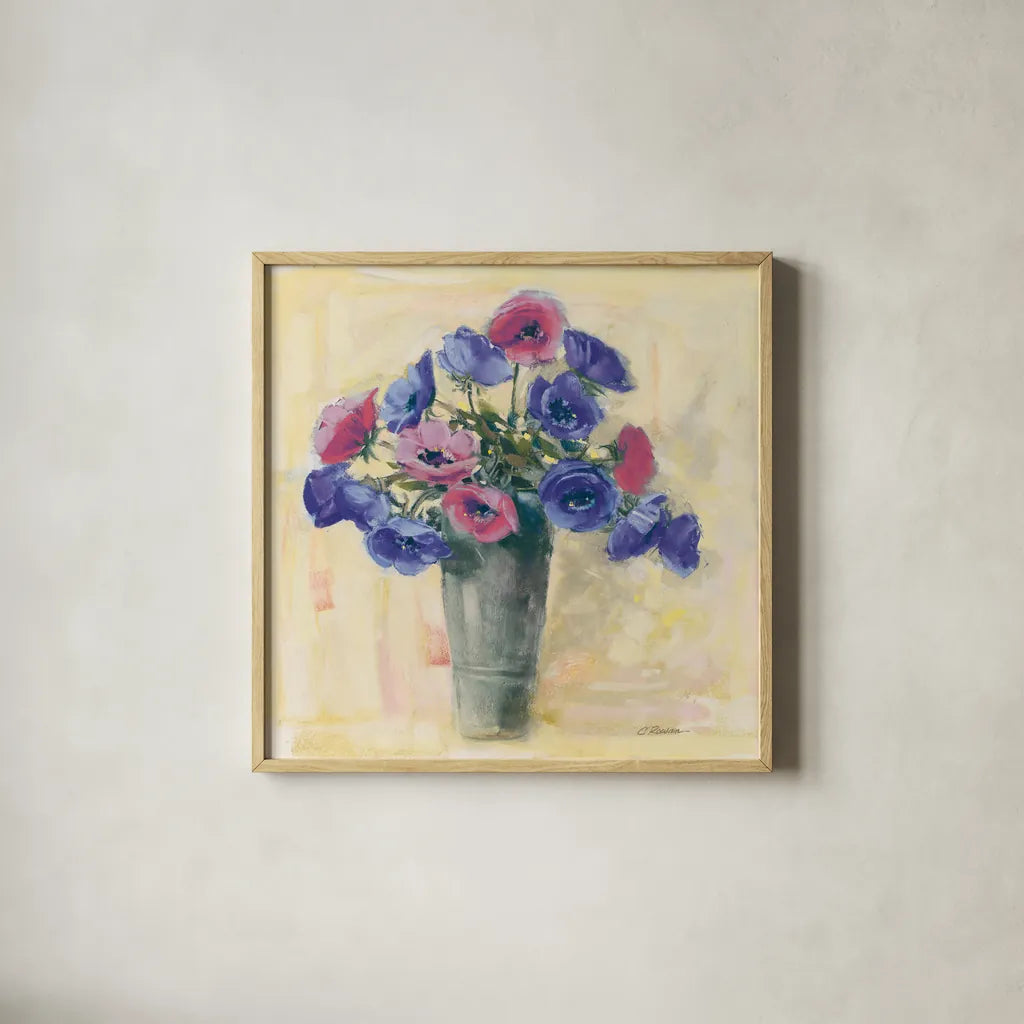 Anemones I by Carol Rowan. Shown in a natural wood glass frame for a timeless modern aesthetic. Available as an archival giclee rolled canvas, fine art paper, or poster print. SKU 42416a.