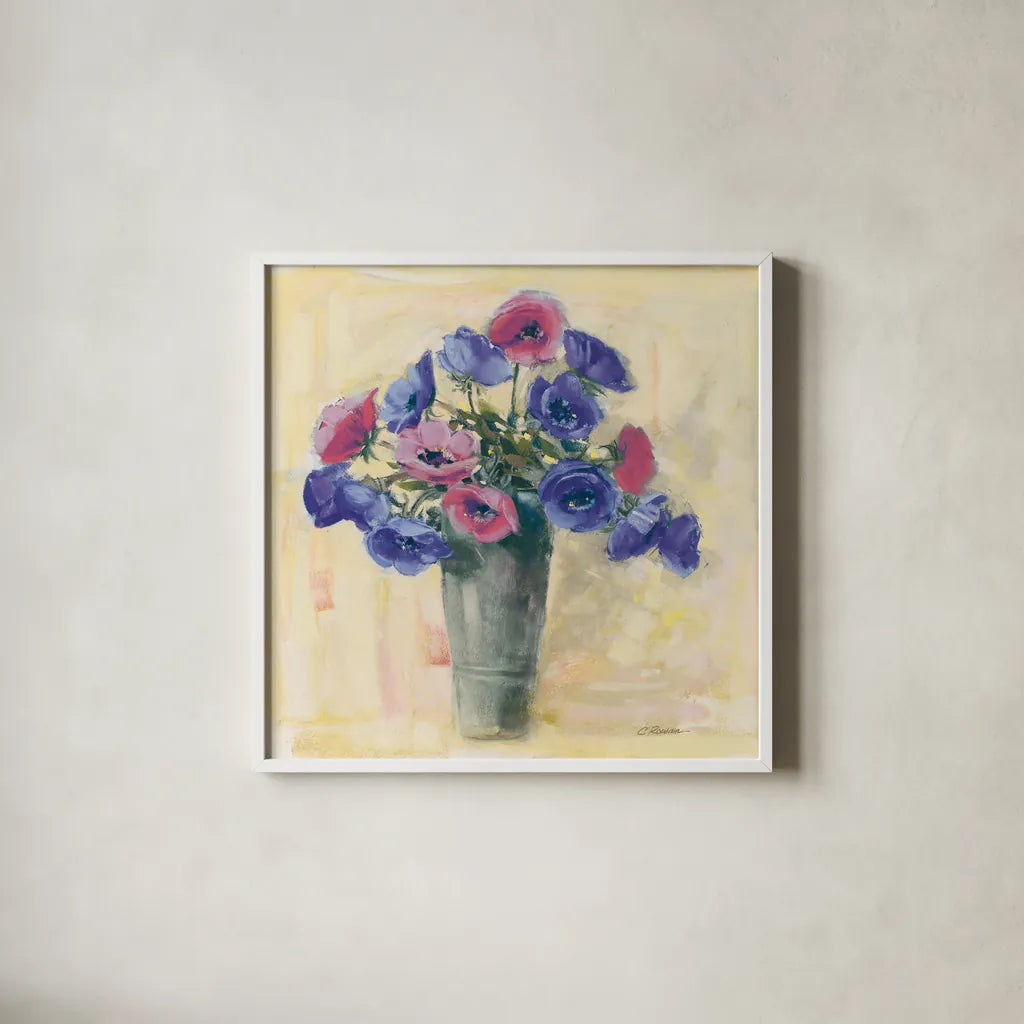 Anemones I by Carol Rowan. Shown in a crisp white glass frame for a clean and minimalist style. Available as an archival giclee rolled canvas, fine art paper, or poster print. SKU 42416a.
