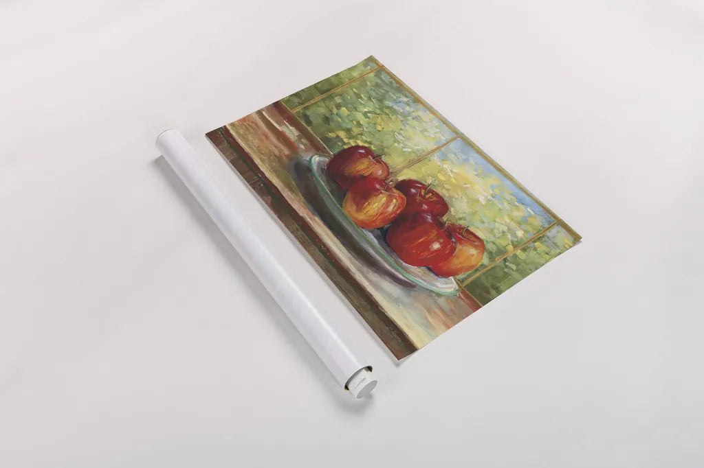 Apples on Windowsill by Carol Rowan. shown as a rolled paper print. Available as archival giclee rolled canvas, fine art paper, or poster print. SKU 99970i.