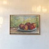 Apples on Windowsill by Carol Rowan. shown as a paper print in a natural frame. Available as a archival giclee rolled canvas, fine art paper, or poster print. SKU 99970i.