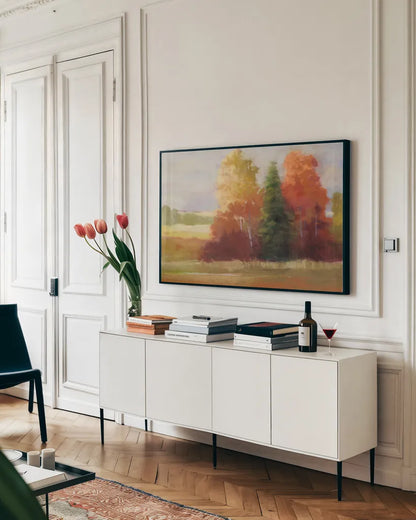 Autumn Leaves by Carol Rowan. shown as a framed stretched canvas in a living room above a console. Available as a archival giclee rolled canvas, fine art paper, or poster print. SKU 21448i.