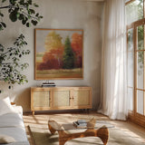 Autumn Leaves Crop by Carol Rowan. Shown in a natural wood frame in a cozy modern living room. Available as an archival giclee rolled canvas, fine art paper, or poster print. SKU 21448a.