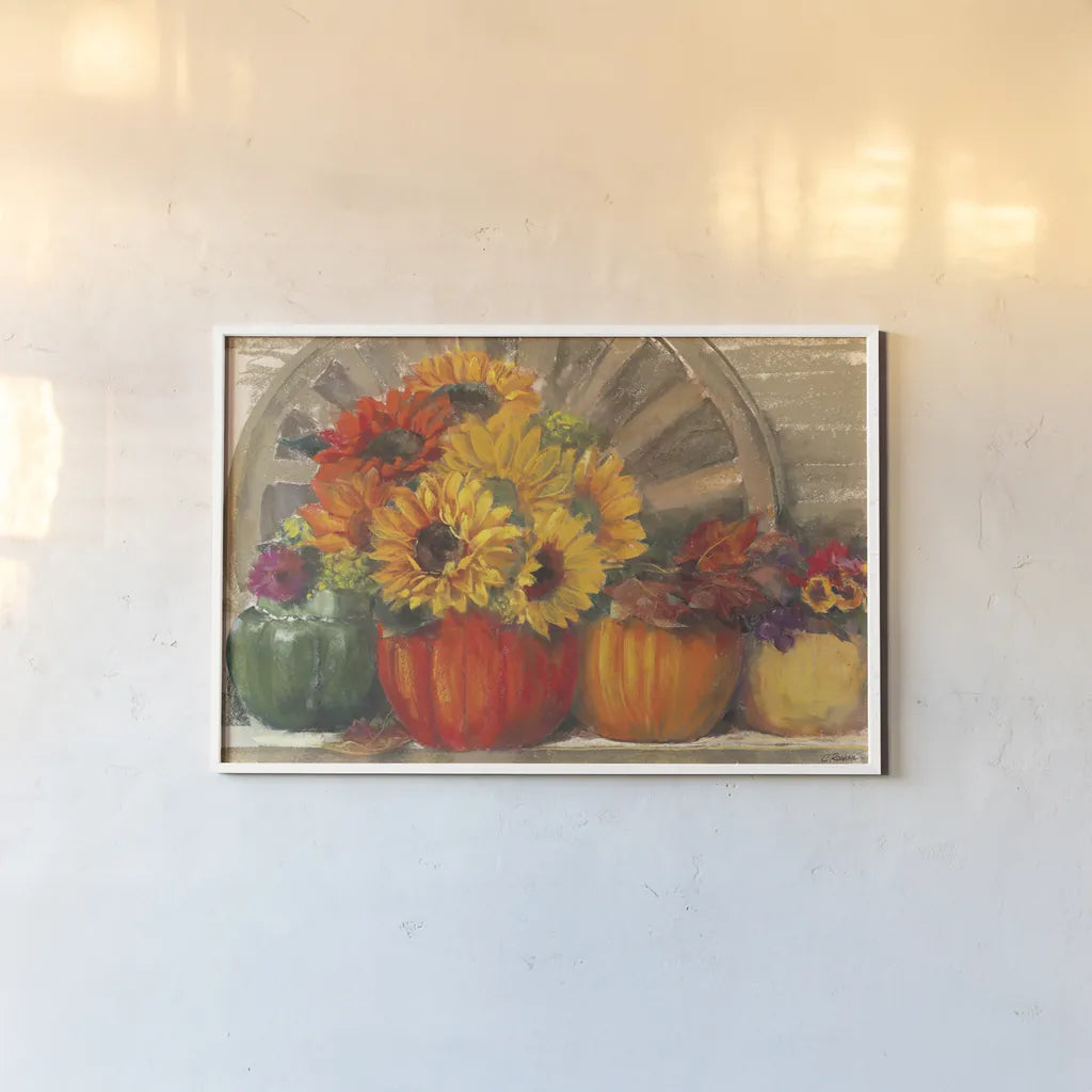 Autumn Still LIfe by Carol Rowan. shown as a paper print in a white frame. Available as a archival giclee rolled canvas, fine art paper, or poster print. SKU 20558i.