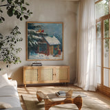 Backyard Beauty by Carol Rowan. Shown in a natural wood frame in a cozy modern living room. Available as an archival giclee rolled canvas, fine art paper, or poster print. SKU 17608a.