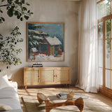 Backyard Beauty v2 by Carol Rowan. Shown in a natural wood frame in a cozy modern living room. Available as an archival giclee rolled canvas, fine art paper, or poster print. SKU 41547a.