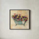 Bathtub Bouquet I by Carol Rowan. Shown in a sleek black glass frame for a contemporary gallery look. Available as an archival giclee rolled canvas, fine art paper, or poster print. SKU 38636a.