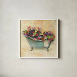 Bathtub Bouquet I by Carol Rowan. Shown in a crisp white glass frame for a clean and minimalist style. Available as an archival giclee rolled canvas, fine art paper, or poster print. SKU 38636a.