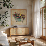 Bathtub Bouquet I by Carol Rowan. Shown in a natural wood frame in a cozy modern living room. Available as an archival giclee rolled canvas, fine art paper, or poster print. SKU 38636a.
