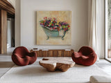 Bathtub Bouquet I by Carol Rowan. Shown as extra-large giant wall art in a modern living room. Available as an archival giclee rolled canvas, fine art paper, or poster print. SKU 38636a.