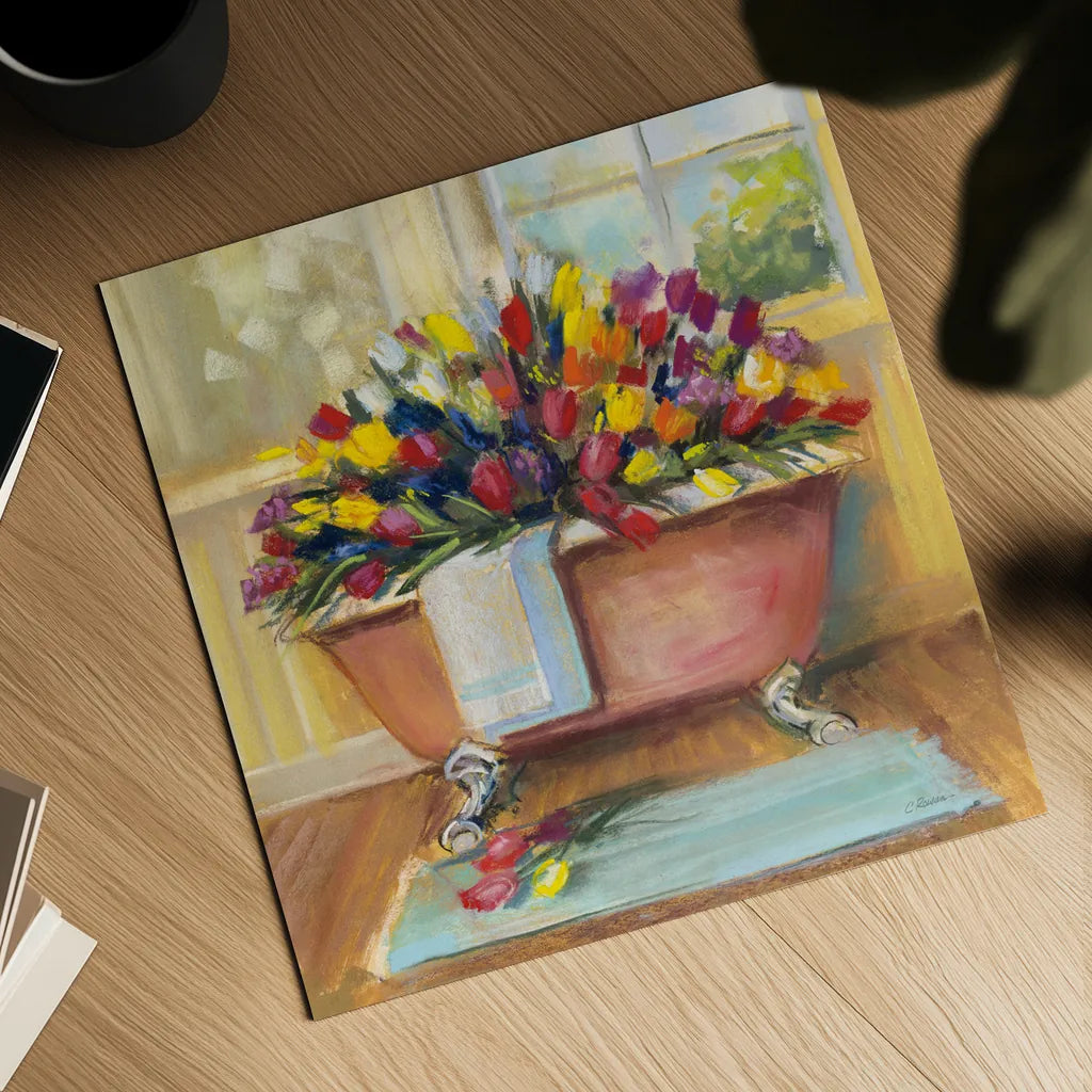 Bathtub Bouquet II by Carol Rowan. Shown as a detailed flat fine art print, highlighting archival giclee quality. Available as an archival giclee rolled canvas, fine art paper, or poster print. SKU 38637a.