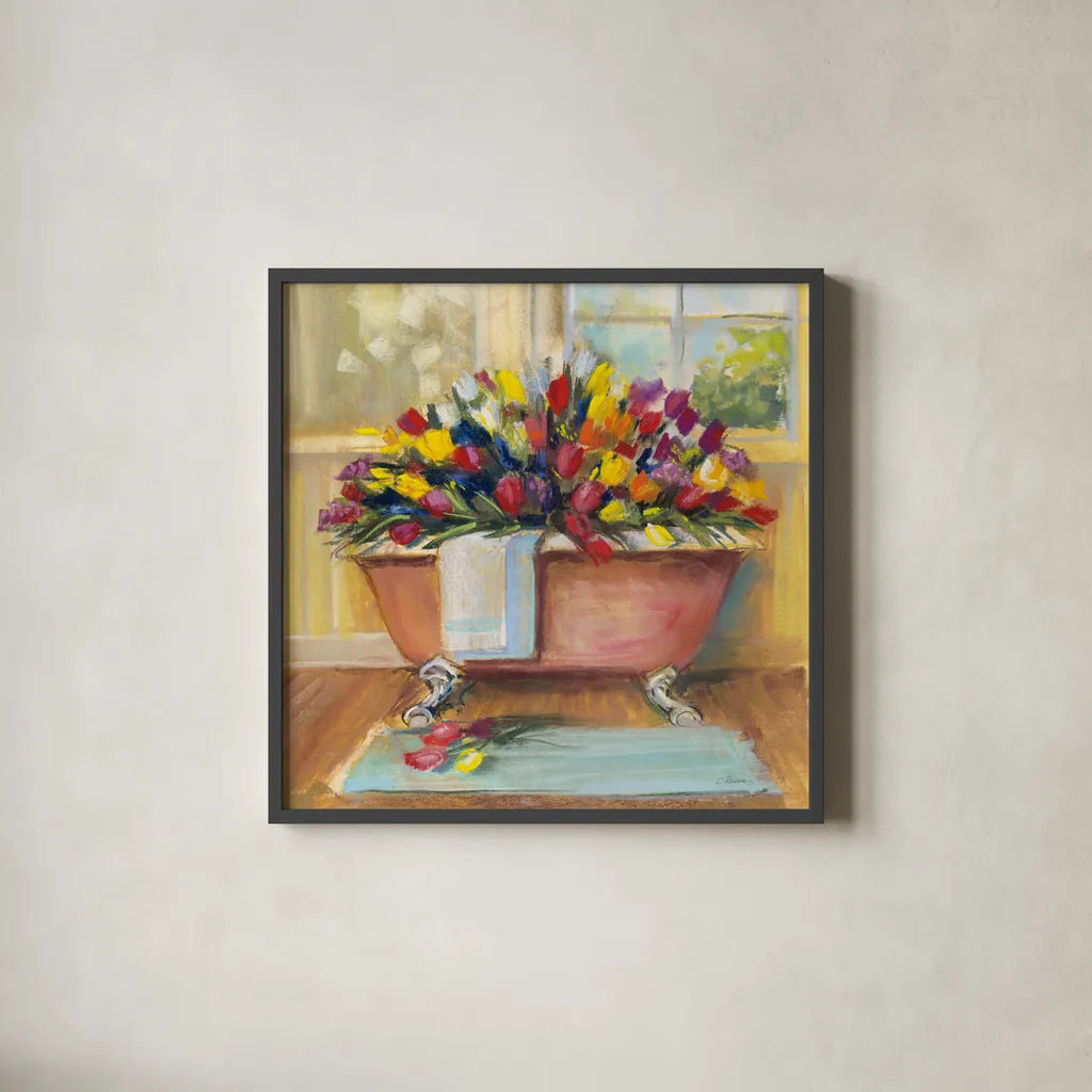 Bathtub Bouquet II by Carol Rowan. Shown in a sleek black glass frame for a contemporary gallery look. Available as an archival giclee rolled canvas, fine art paper, or poster print. SKU 38637a.