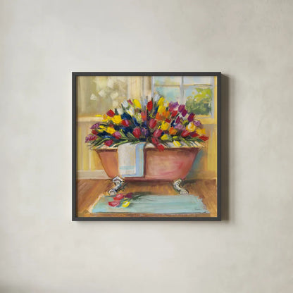 Bathtub Bouquet II by Carol Rowan. Shown in a sleek black glass frame for a contemporary gallery look. Available as an archival giclee rolled canvas, fine art paper, or poster print. SKU 38637a.